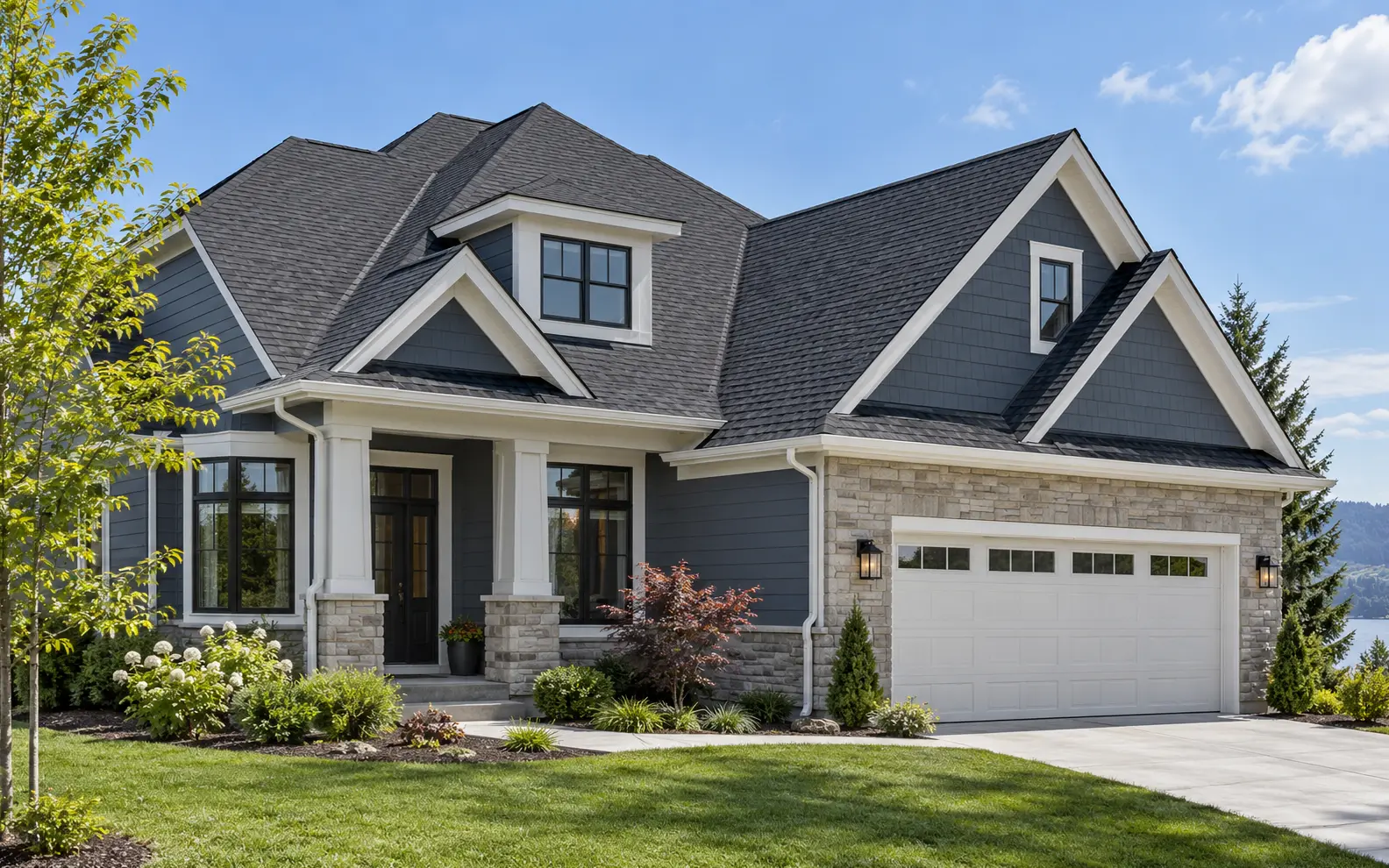 Modern suburban home with a newly installed asphalt-shingle roof